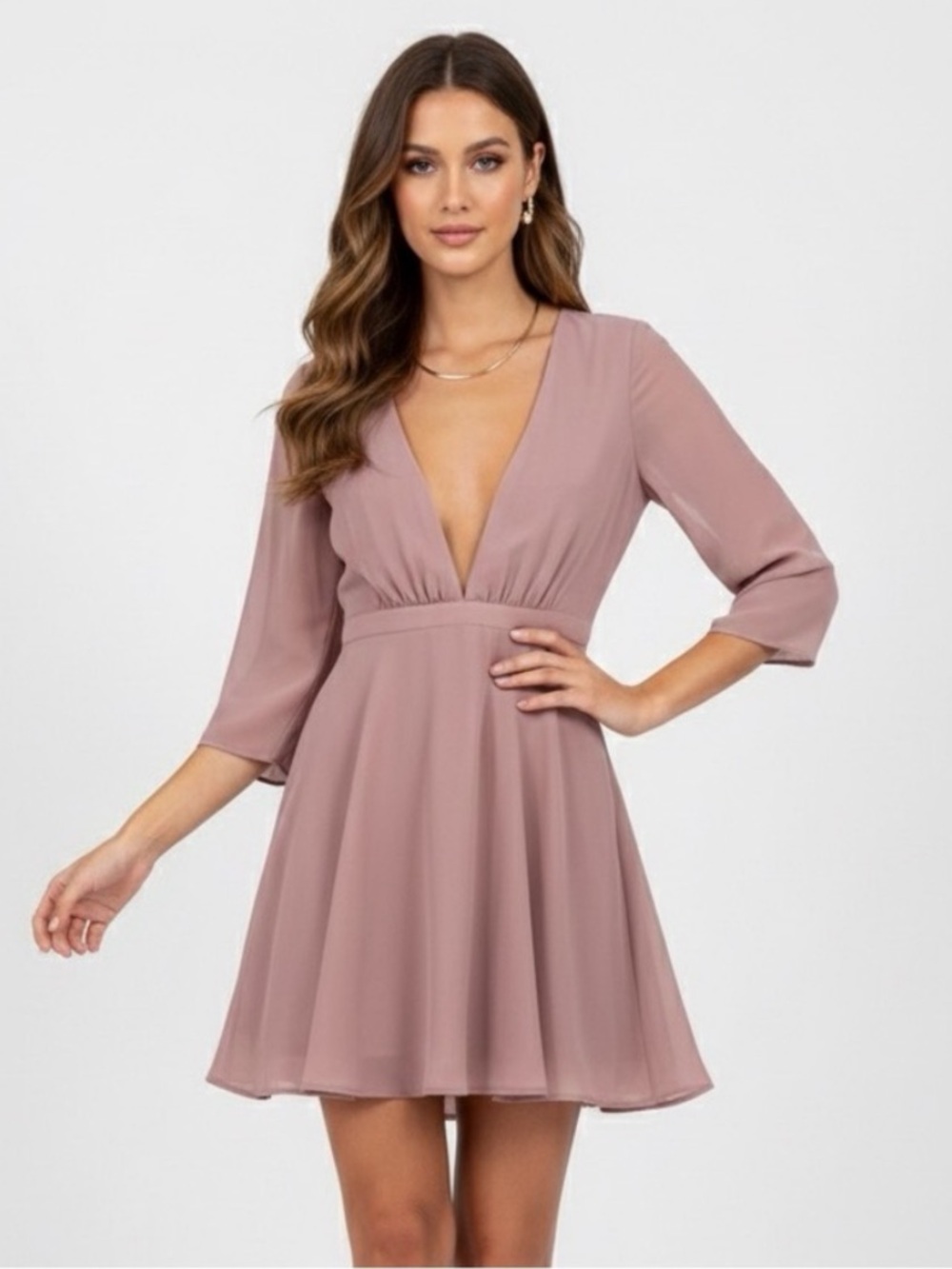 NWT Tobi Mauve Pink Deep V-Neck Mini Dress 3/4 Sleeves Small